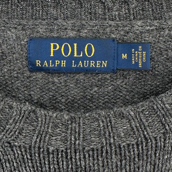 Polo Ralph Lauren Gray Real Suede Trimmed Wool Crewneck Knit Sweater sz M - Picture 4 of 5